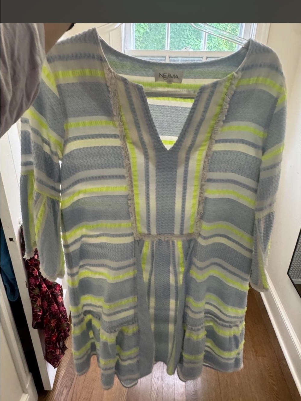 Light Blue & Neon Yellow Striped Mini Dress